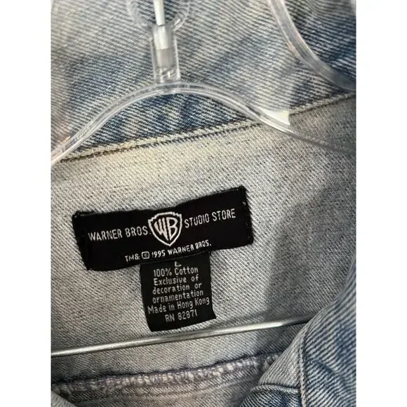 Vintage 1995 Warner Bros Looney Tunes Embroidered Denim Jean Jacket Vest L - Picture 5 of 6